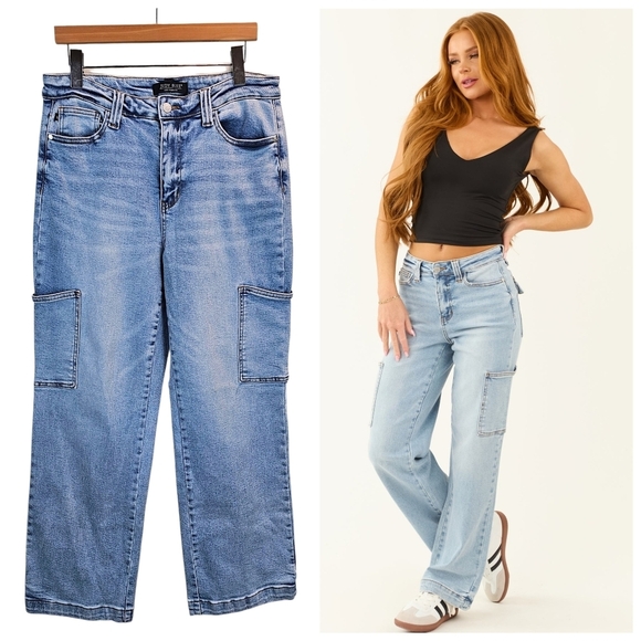 Judy Blue Denim - Judy Blue Claire Light Wash High Waist Wide Leg Cargo Jeans Stretch Denim 31